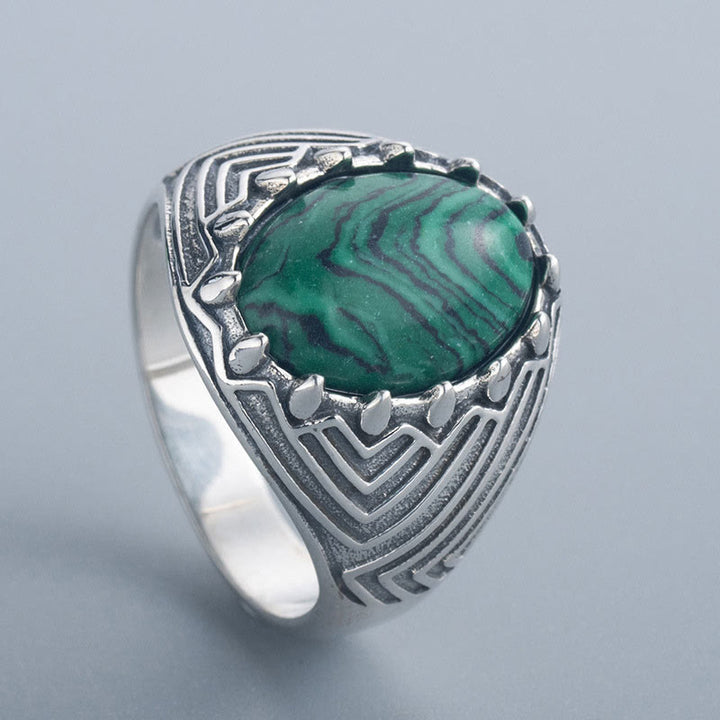 Anillo de calma con cuentas de malaquita y Buddha Stones ovaladas vintage en plata de ley 925