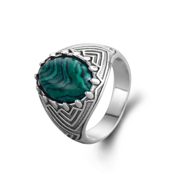 Anillo de calma con cuentas de malaquita y Buddha Stones ovaladas vintage en plata de ley 925