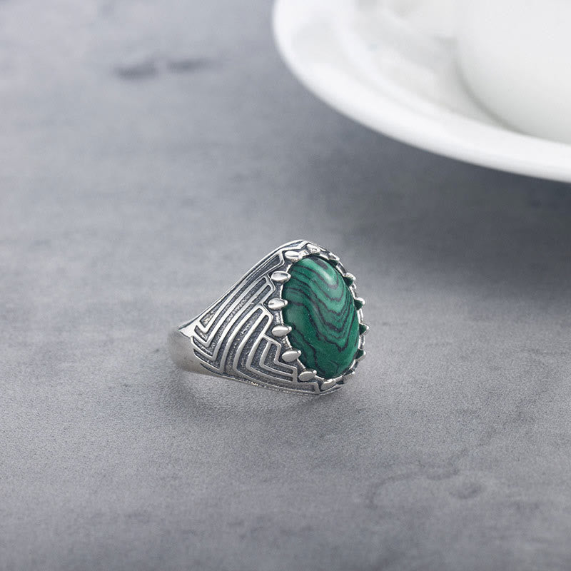 Anillo de calma con cuentas de malaquita y Buddha Stones ovaladas vintage en plata de ley 925
