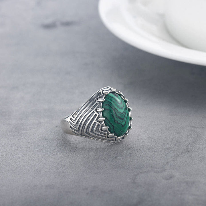 Anillo de calma con cuentas de malaquita y Buddha Stones ovaladas vintage en plata de ley 925