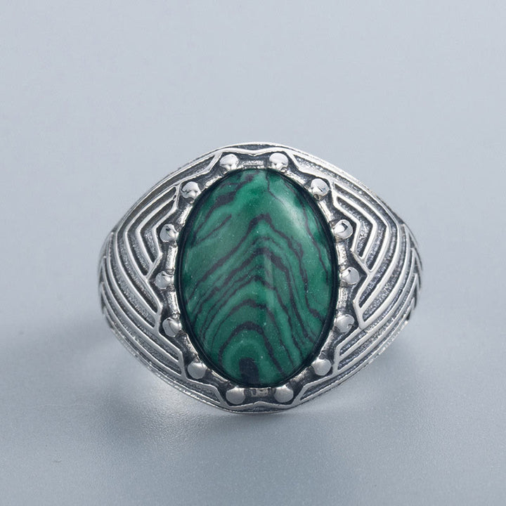 Anillo de calma con cuentas de malaquita y Buddha Stones ovaladas vintage en plata de ley 925