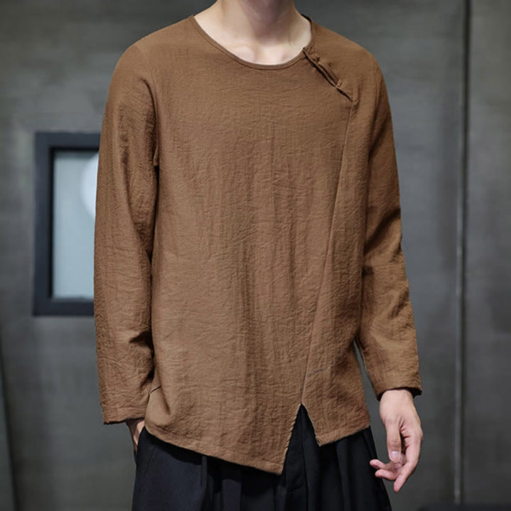 Camisas de algodón para hombre, cuello redondo, manga larga, sueltas, de color liso y con Buddha Stones - image 37