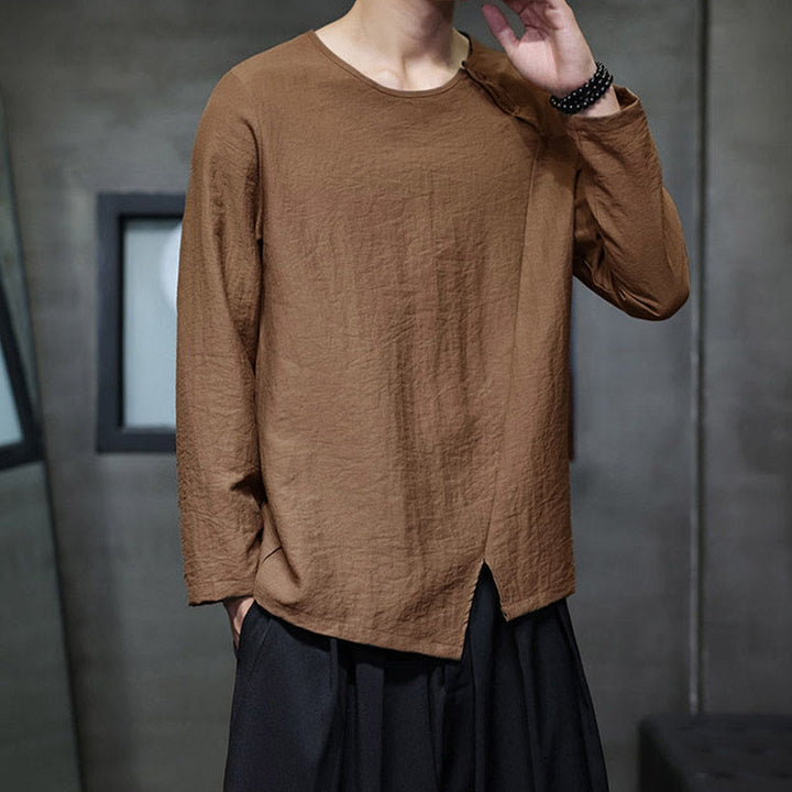 Camisas de algodón para hombre, cuello redondo, manga larga, sueltas, de color liso y con Buddha Stones - image 39