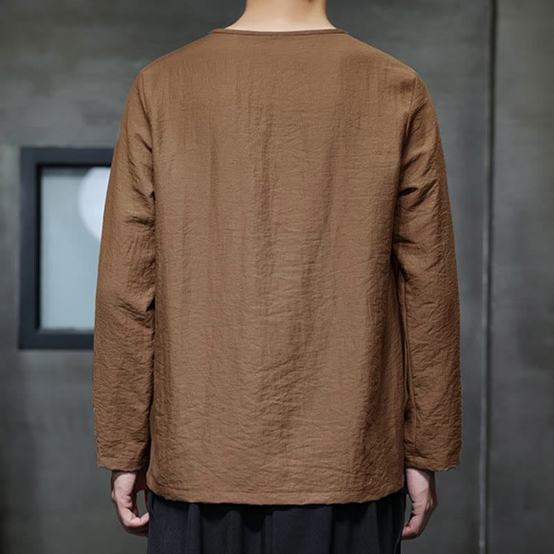 Camisas de algodón para hombre, cuello redondo, manga larga, sueltas, de color liso y con Buddha Stones - image 36