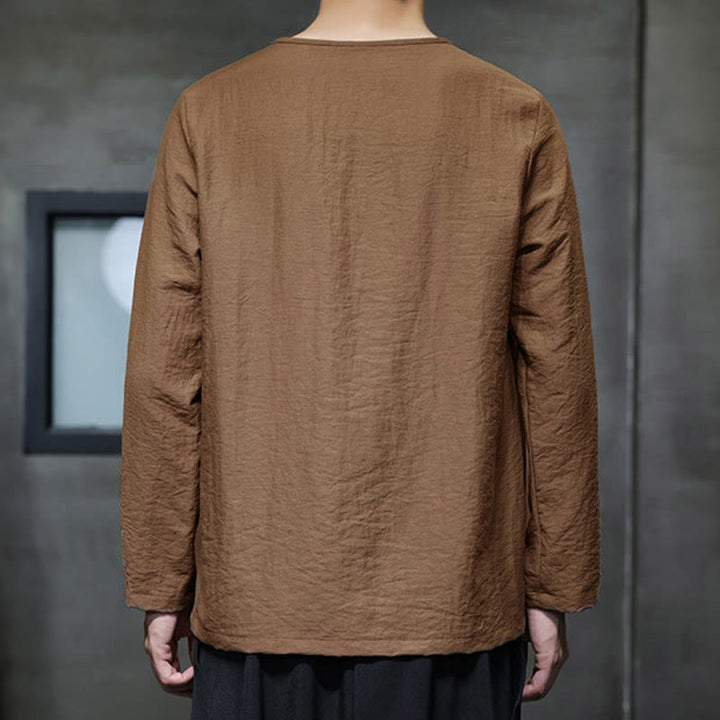 Camisas de algodón para hombre, cuello redondo, manga larga, sueltas, de color liso y con Buddha Stones - image 36