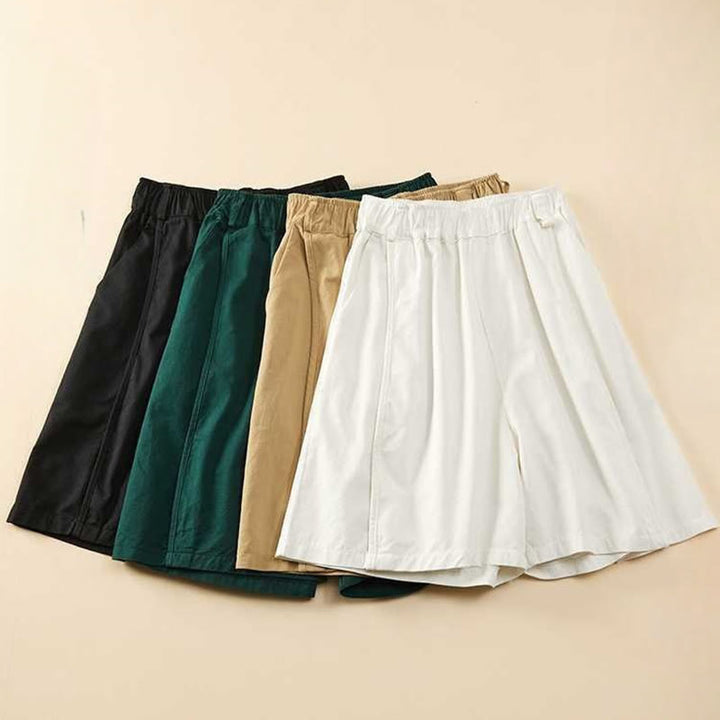 Pantalones cortos casuales sueltos de algodón liso de verano para mujer con bolsillos de Buddha Stones