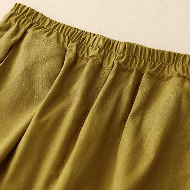 Pantalones cortos de verano informales, holgados, lisos, con botones de rana, de algodón y lino para mujer, con bolsillos, de Buddha Stones
