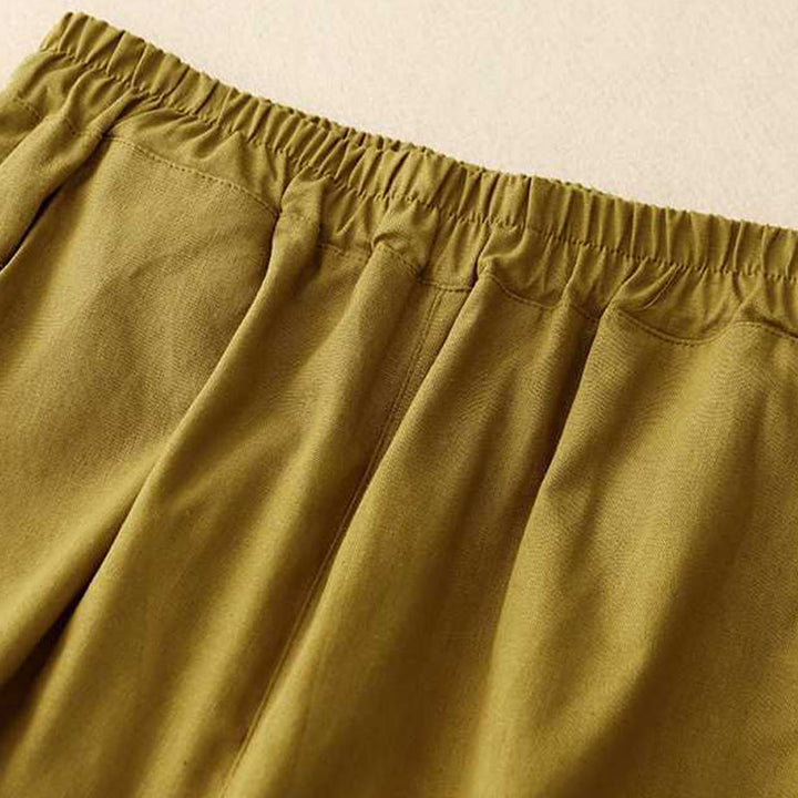 Pantalones cortos de verano informales, holgados, lisos, con botones de rana, de algodón y lino para mujer, con bolsillos, de Buddha Stones