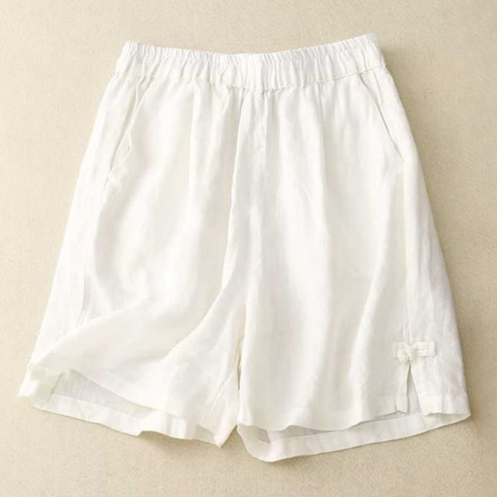 Pantalones cortos de verano informales, holgados, lisos, con botones de rana, de algodón y lino para mujer, con bolsillos, de Buddha Stones
