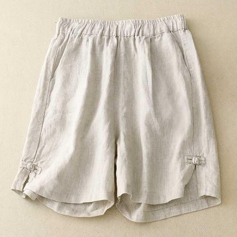 Pantalones cortos de verano informales, holgados, lisos, con botones de rana, de algodón y lino para mujer, con bolsillos, de Buddha Stones