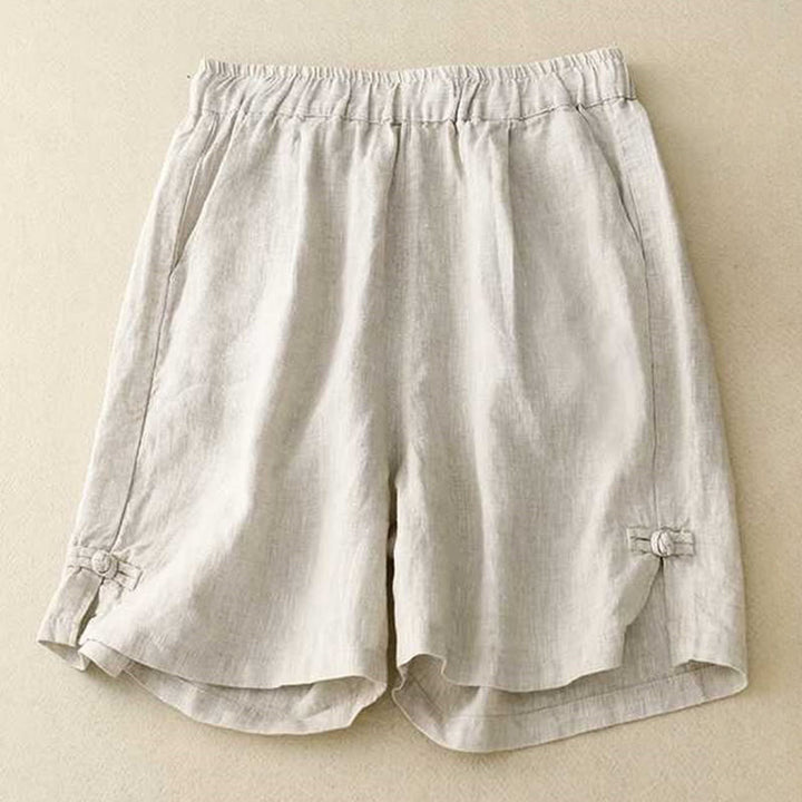 Pantalones cortos de verano informales, holgados, lisos, con botones de rana, de algodón y lino para mujer, con bolsillos, de Buddha Stones