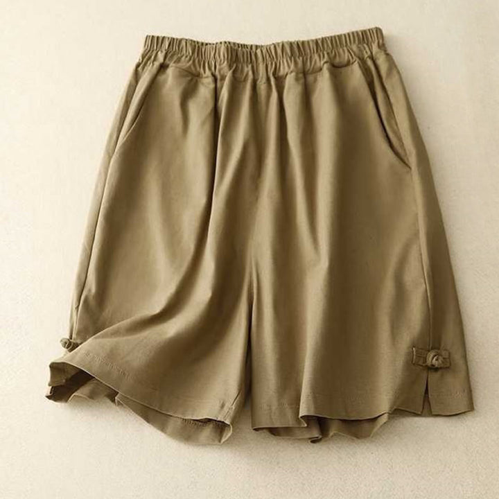 Pantalones cortos de verano informales, holgados, lisos, con botones de rana, de algodón y lino para mujer, con bolsillos, de Buddha Stones
