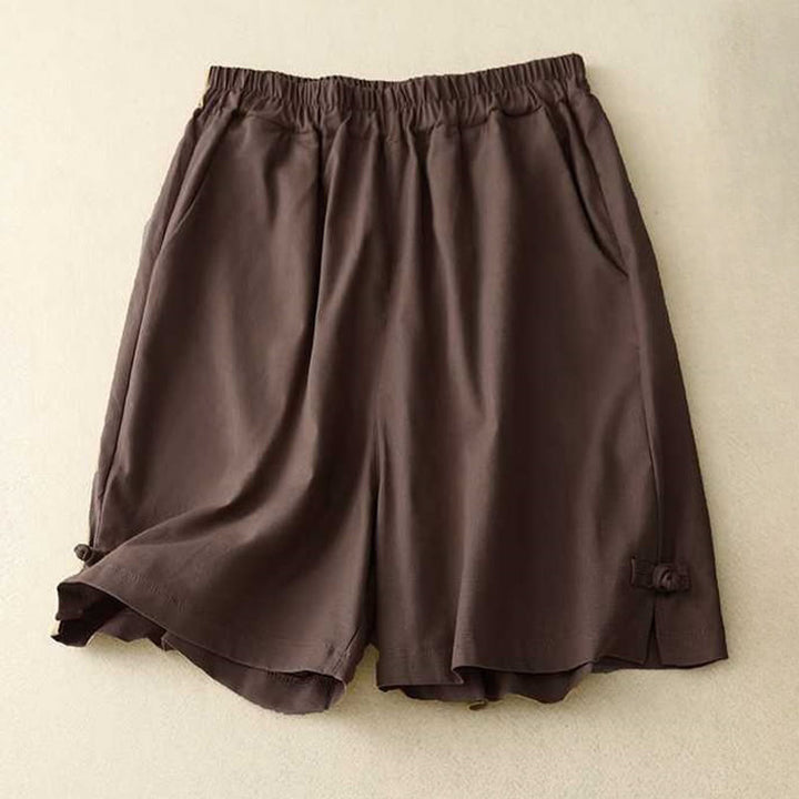 Pantalones cortos de verano informales, holgados, lisos, con botones de rana, de algodón y lino para mujer, con bolsillos, de Buddha Stones