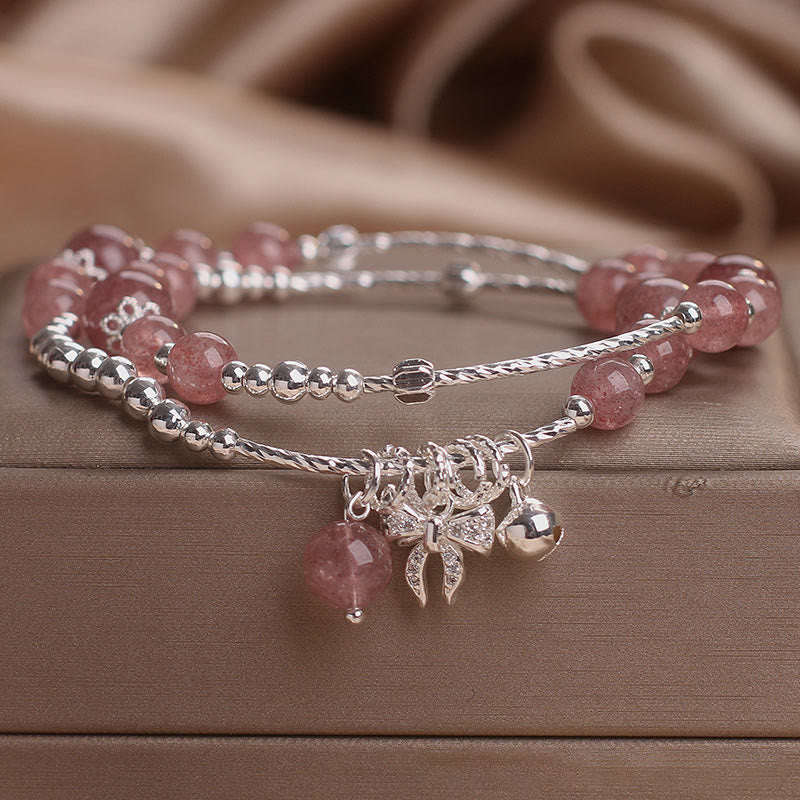 Pulsera curativa de doble vuelta con roseta y lazo de cuarzo fresa natural de Buddha Stones