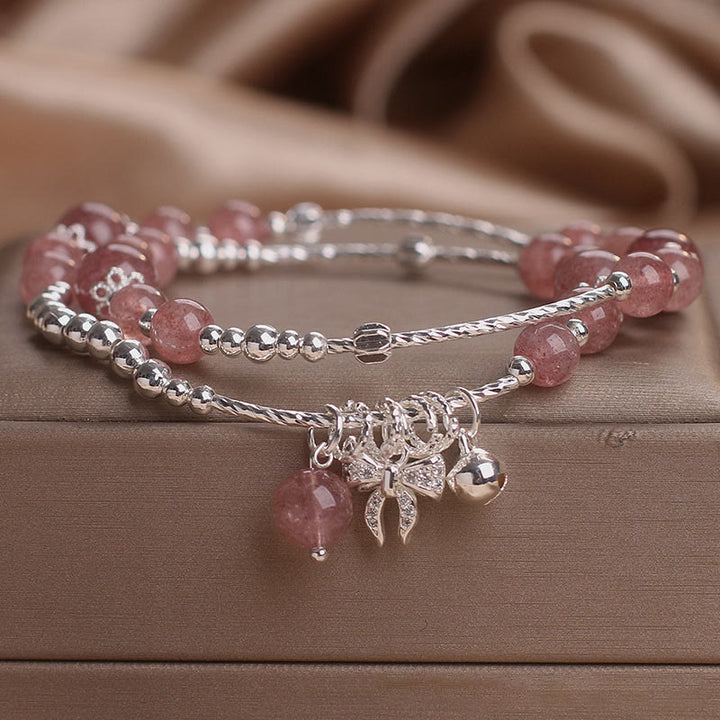 Pulsera curativa de doble vuelta con roseta y lazo de cuarzo fresa natural de Buddha Stones