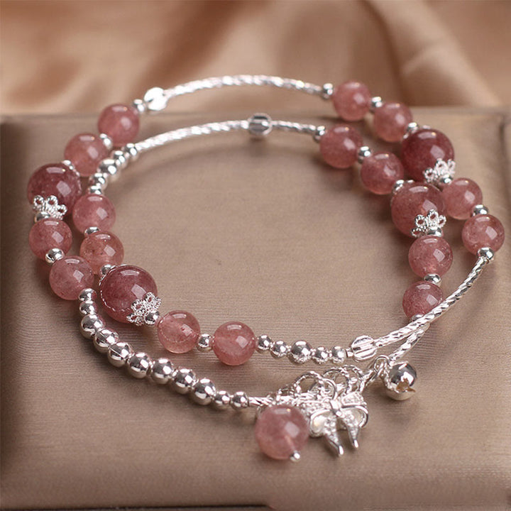 Pulsera curativa de doble vuelta con roseta y lazo de cuarzo fresa natural de Buddha Stones