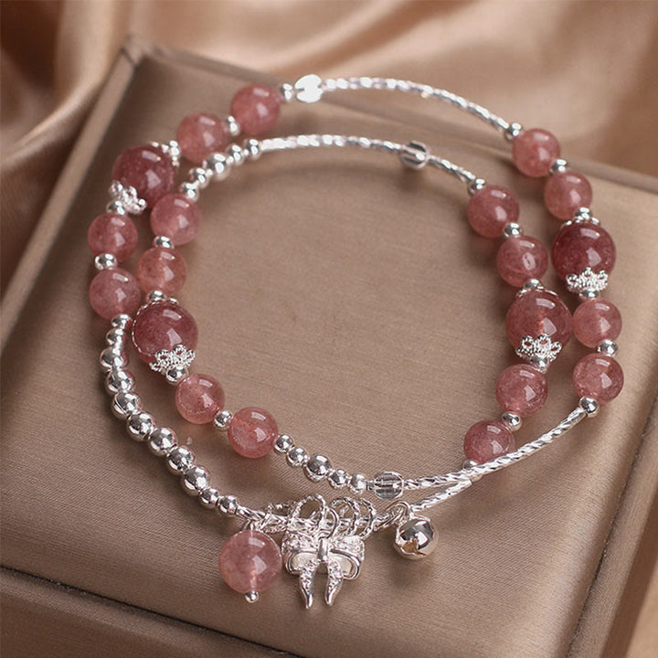 Pulsera curativa de doble vuelta con roseta y lazo de cuarzo fresa natural de Buddha Stones