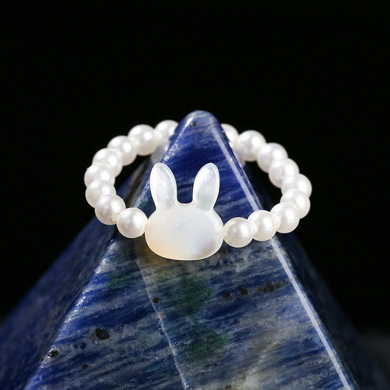 Anillo elástico con cuentas de piedra Tridacna de 3 Buddha Stones y bendición de conejo.