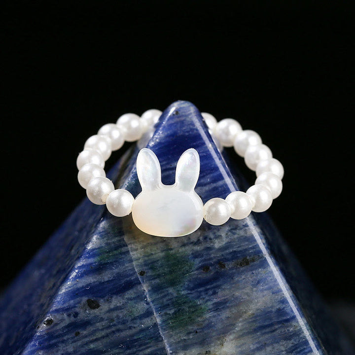 Anillo elástico con cuentas de piedra Tridacna de 3 Buddha Stones y bendición de conejo.