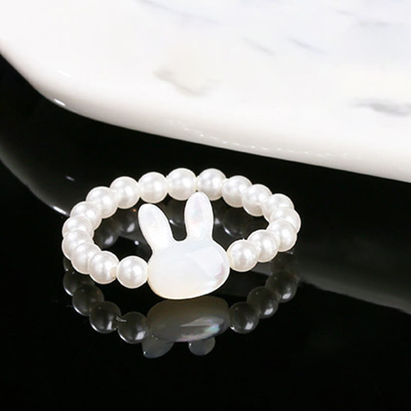 Anillo elástico con cuentas de piedra Tridacna de 3 Buddha Stones y bendición de conejo.