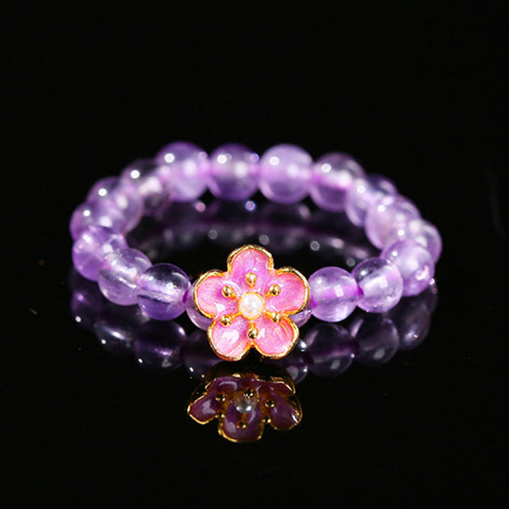 Anillo elástico Buddha Stones de 3 mm con amatista y flor de durazno