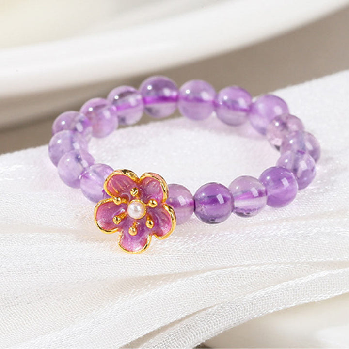 Anillo elástico Buddha Stones de 3 mm con amatista y flor de durazno