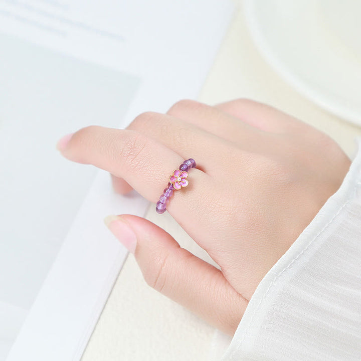 Anillo elástico Buddha Stones de 3 mm con amatista y flor de durazno