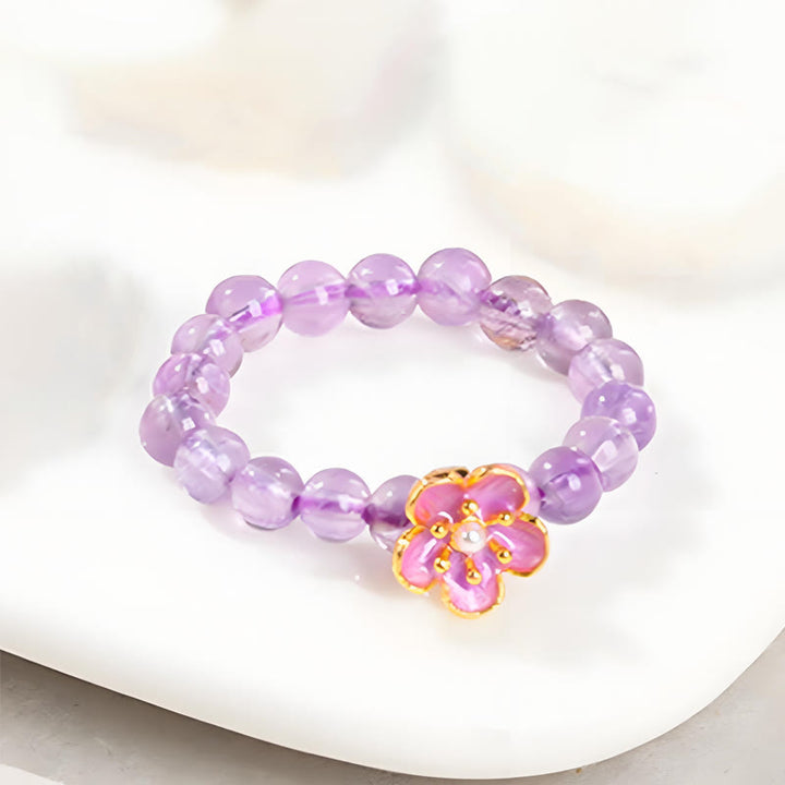 Anillo elástico Buddha Stones de 3 mm con amatista y flor de durazno