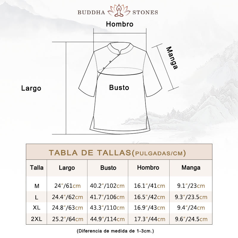 Camisa de lino y algodón de manga corta con botones de rana y bordado de flor de ciruelo con Buddha Stones - image 3