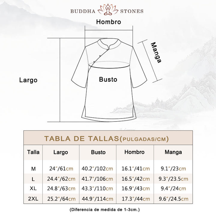 Camisa de lino y algodón de manga corta con botones de rana y bordado de flor de ciruelo con Buddha Stones - image 3