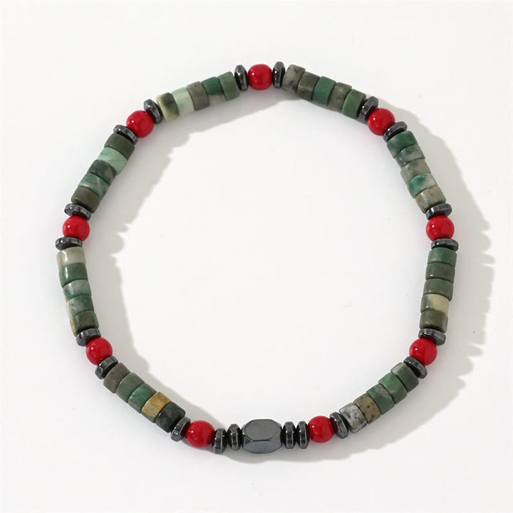Pulsera poderosa de hematita y coral rojo con piedras verdes naturales de Buddha Stones