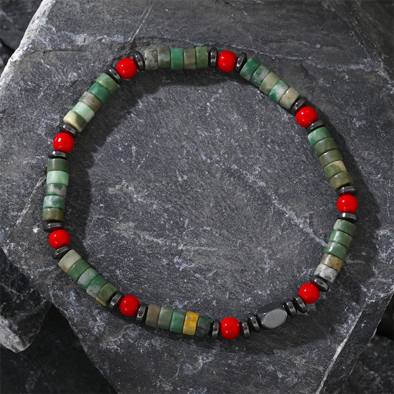 Pulsera poderosa de hematita y coral rojo con piedras verdes naturales de Buddha Stones