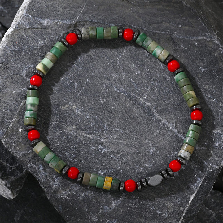 Pulsera poderosa de hematita y coral rojo con piedras verdes naturales de Buddha Stones