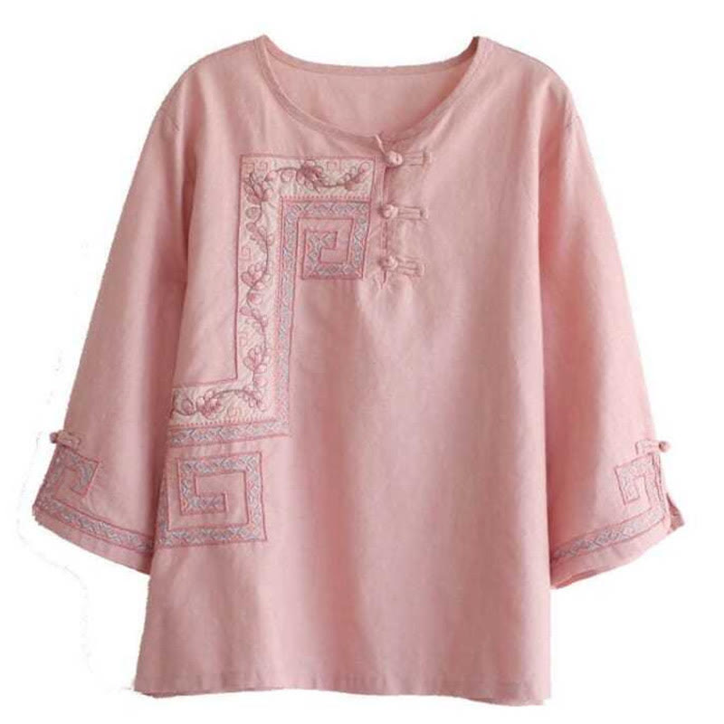 Camisa de lino y algodón con manga tres cuartos para mujer, con bordado de Buddha Stones de rana