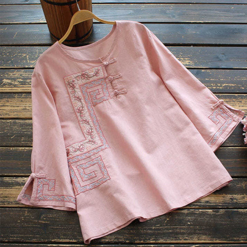 Camisa de lino y algodón con manga tres cuartos para mujer, con bordado de Buddha Stones de rana