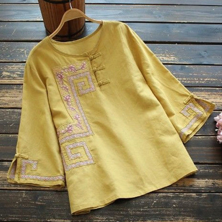 Camisa de lino y algodón con manga tres cuartos para mujer, con bordado de Buddha Stones de rana