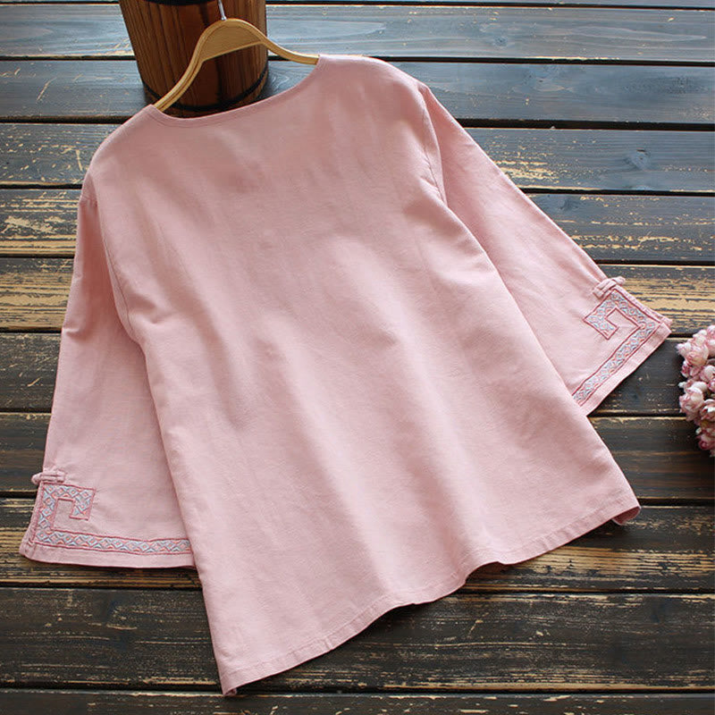 Camisa de lino y algodón con manga tres cuartos para mujer, con bordado de Buddha Stones de rana