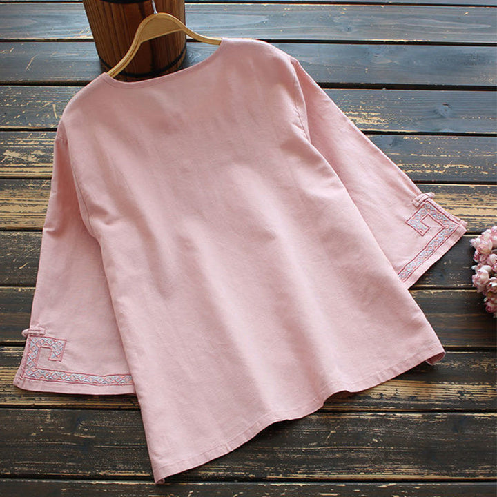 Camisa de lino y algodón con manga tres cuartos para mujer, con bordado de Buddha Stones de rana
