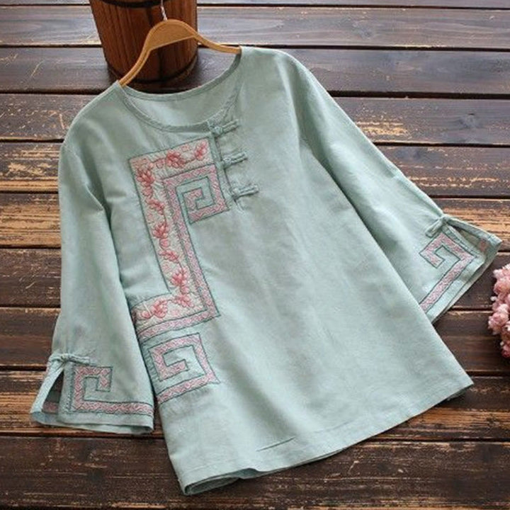 Camisa de lino y algodón con manga tres cuartos para mujer, con bordado de Buddha Stones de rana - Azul claro - US14, UK/AU18, EU46 (4XL) - image 2