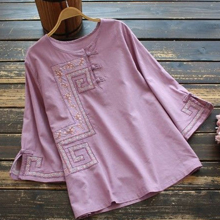 Camisa de lino y algodón con manga tres cuartos para mujer, con bordado de Buddha Stones de rana