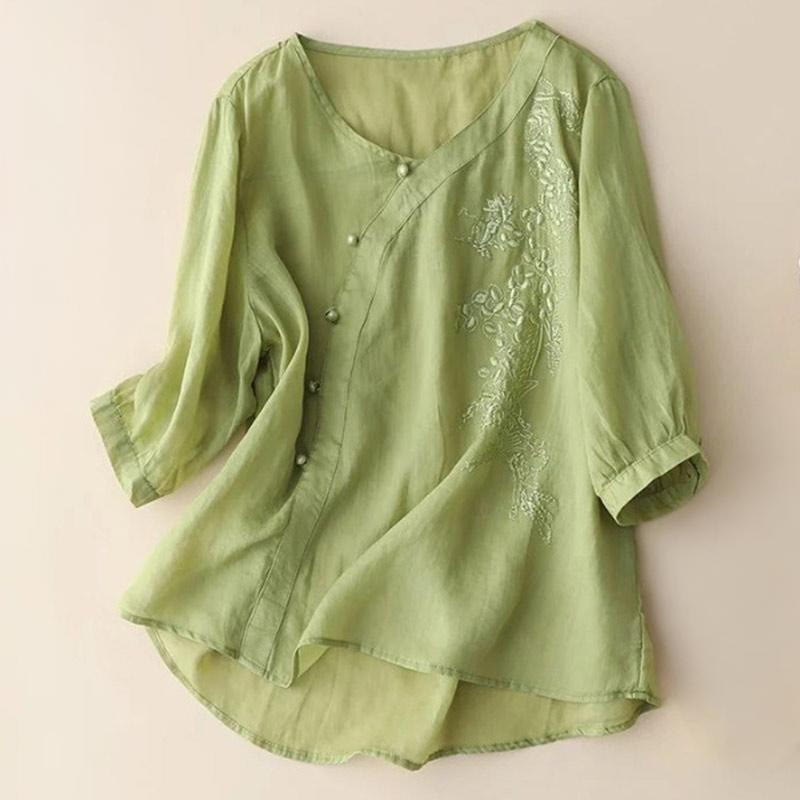 Camisa informal de manga corta con bordado de flores y botones de rana para mujer con Buddha Stones - AmarilloVerde - US14, UK/AU18, EU46 (4XL) - image 1