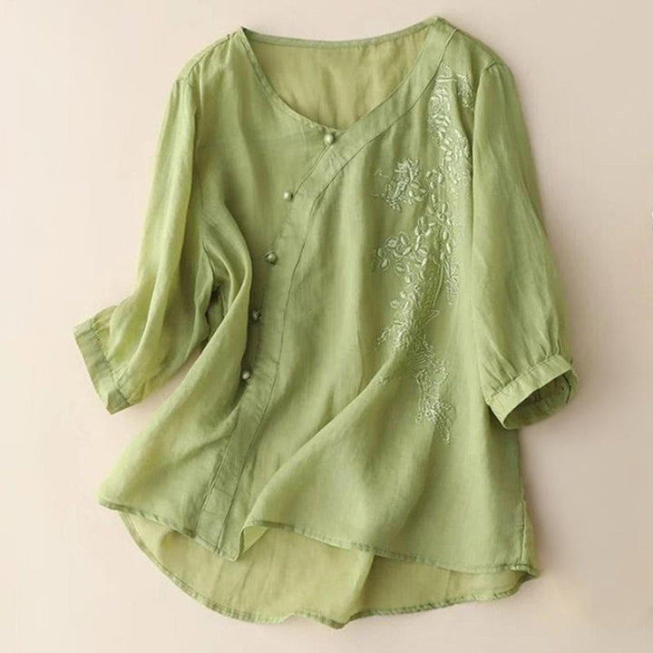 Camisa informal de manga corta con bordado de flores y botones de rana para mujer con Buddha Stones - AmarilloVerde - US14, UK/AU18, EU46 (4XL) - image 1