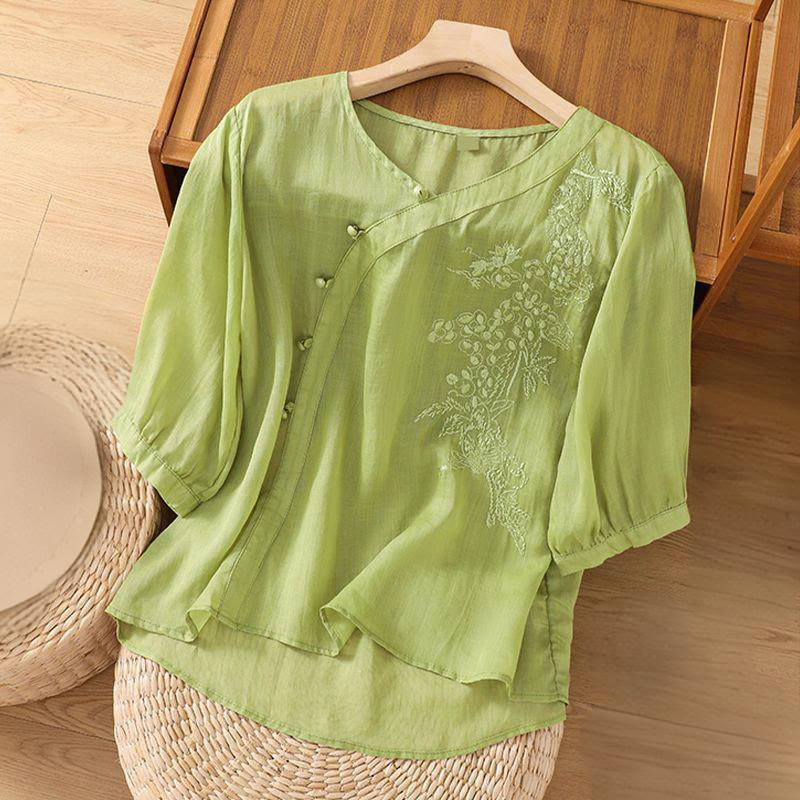 Camisa informal de manga corta con bordado de flores y botones de rana para mujer con Buddha Stones - image 2