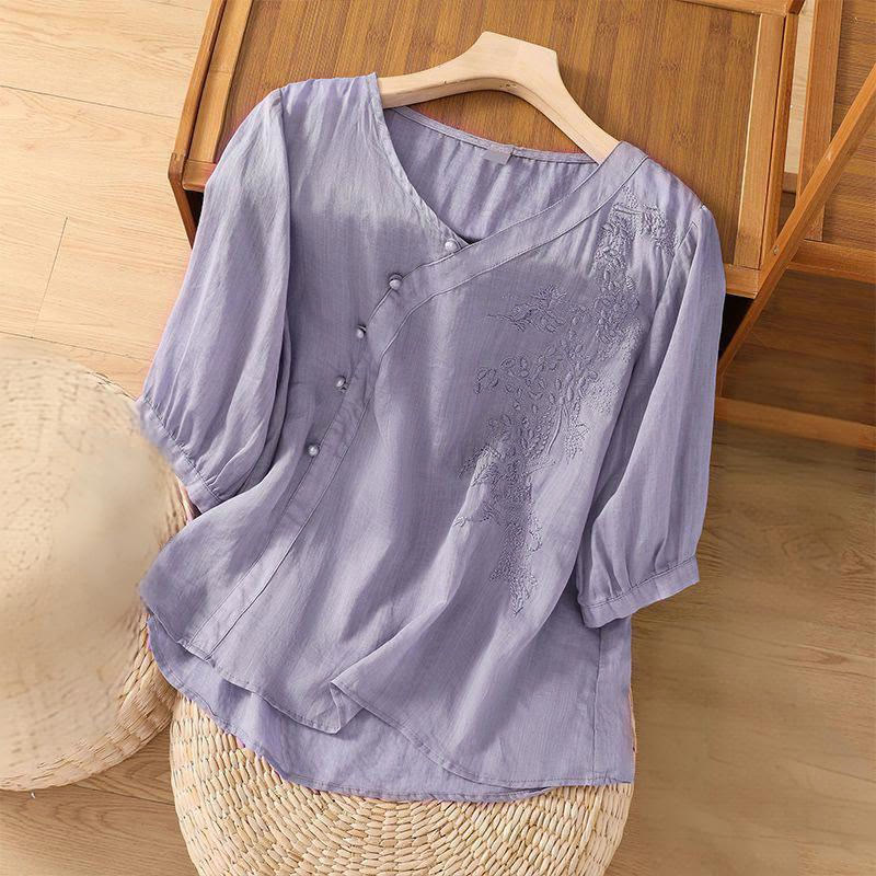 Camisa informal de manga corta con bordado de flores y botones de rana para mujer con Buddha Stones - image 4