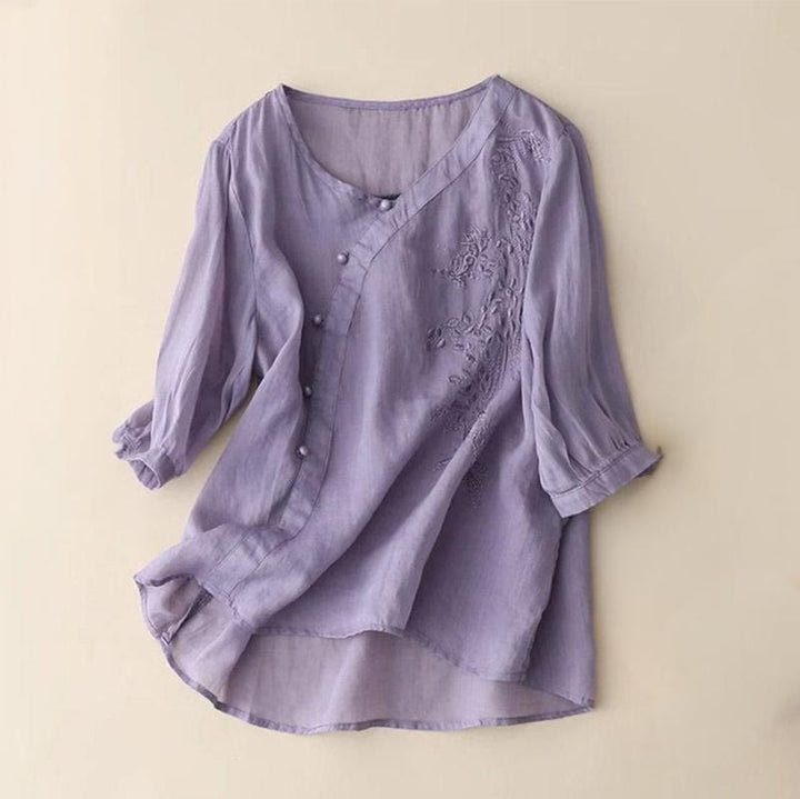 Camisa informal de manga corta con bordado de flores y botones de rana para mujer con Buddha Stones - Morado medio - US14, UK/AU18, EU46 (4XL) - image 3