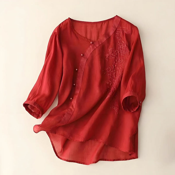 Camisa informal de manga corta con bordado de flores y botones de rana para mujer con Buddha Stones - Ladrillo refractario - US14, UK/AU18, EU46 (4XL) - image 5