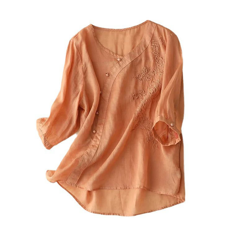Camisa informal de manga corta con bordado de flores y botones de rana para mujer con Buddha Stones - image 10