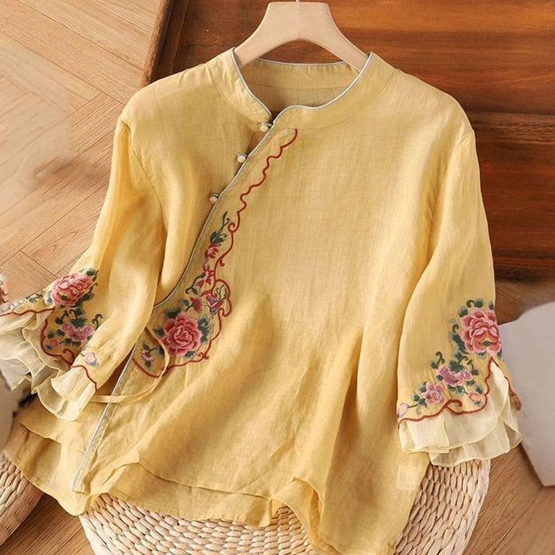 Camisa informal holgada de manga tres cuartos con bordado de peonías y botones de rana para mujer con Buddha Stones - Oro - US14, UK/AU18, EU46 (4XL) - image 1