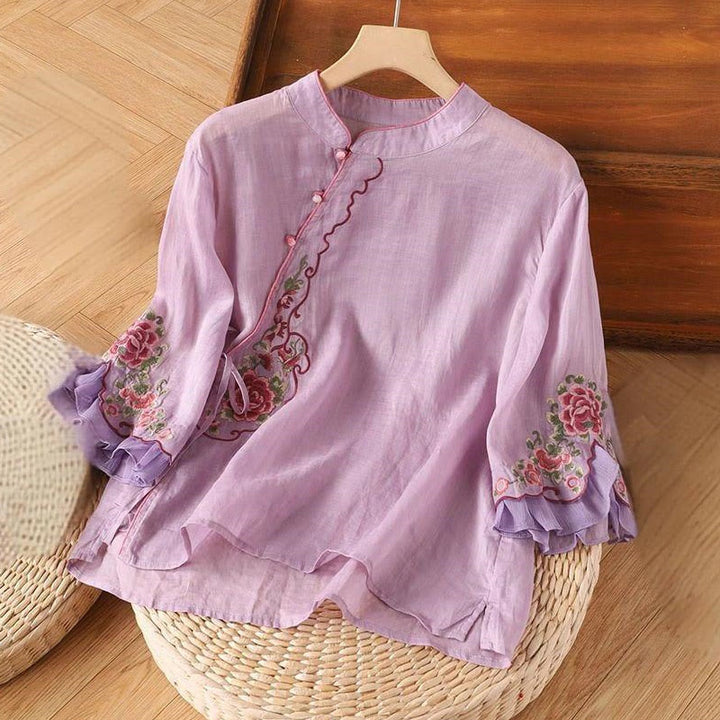 Camisa informal holgada de manga tres cuartos con bordado de peonías y botones de rana para mujer con Buddha Stones - Ciruela - US14, UK/AU18, EU46 (4XL) - image 4