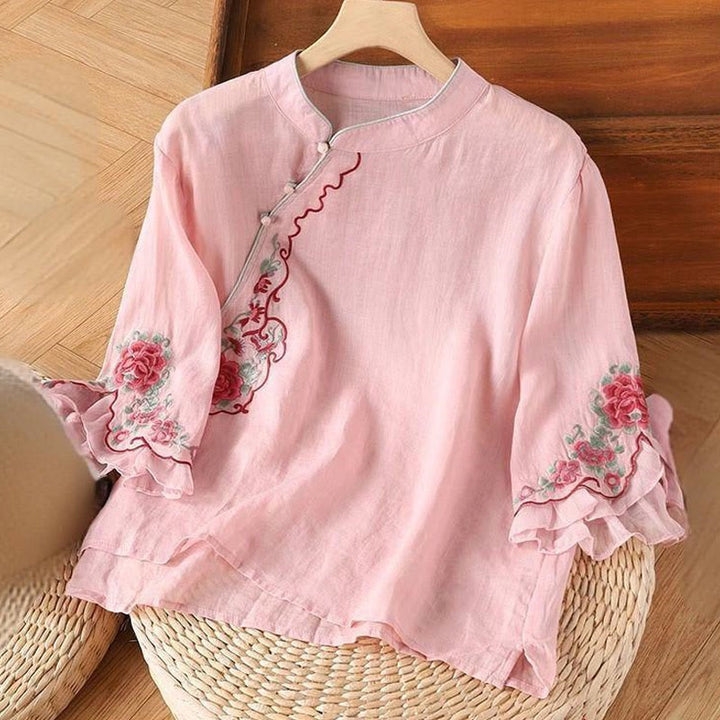 Camisa informal holgada de manga tres cuartos con bordado de peonías y botones de rana para mujer con Buddha Stones - Rosa - US14, UK/AU18, EU46 (4XL) - image 2